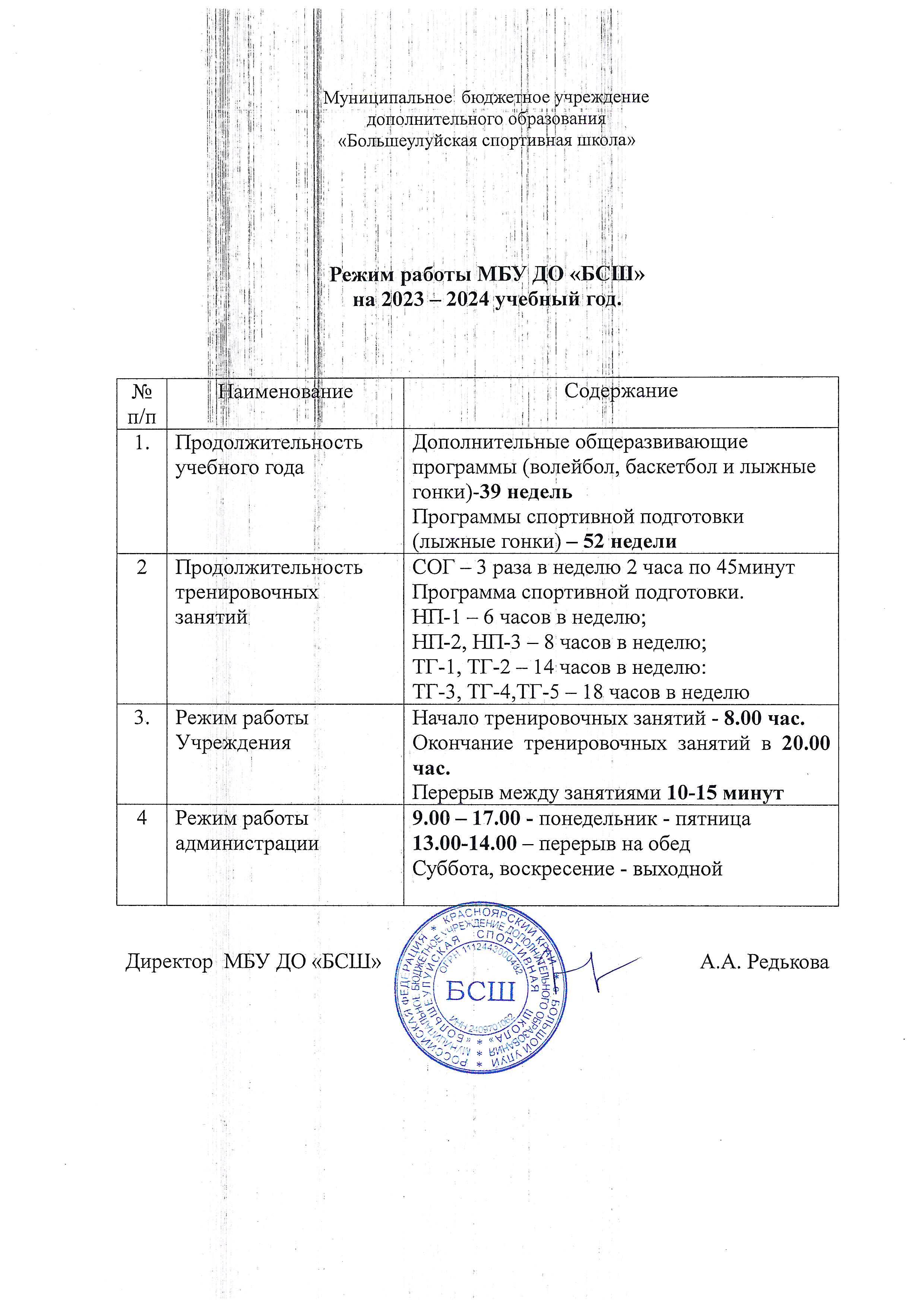 Режим работы БСШ на 2023-2024 у.г. – МБУ ДО «Большеулуйская спортивная  школа»